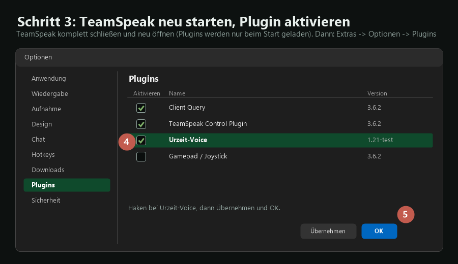 Plugin-Liste in den TeamSpeak-Optionen